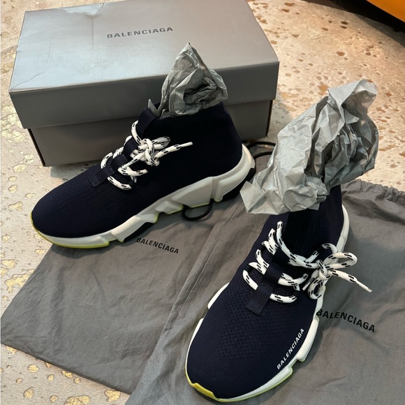 BALENCIAGA Speed Lace Up Knit Sock Marine Blue Logo High Top Trainers women’s 42 - Picture 3 of 7